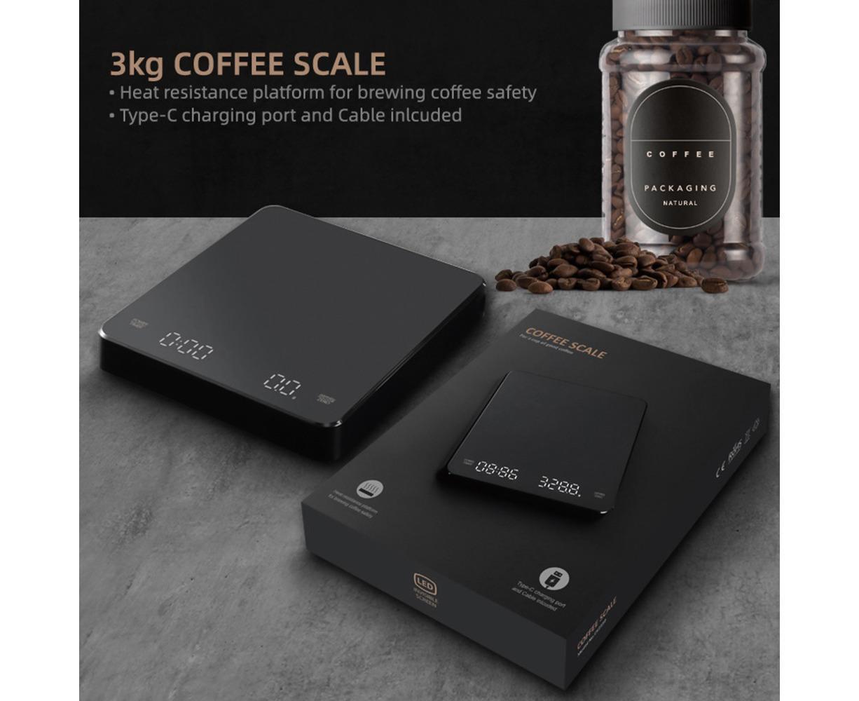 Digital Coffee Scale with Timer LED Screen Espresso Scale Built-in Battery 3kg Max.Weighing 0.1g High Precision Measures in oz/ml/g Kitchen