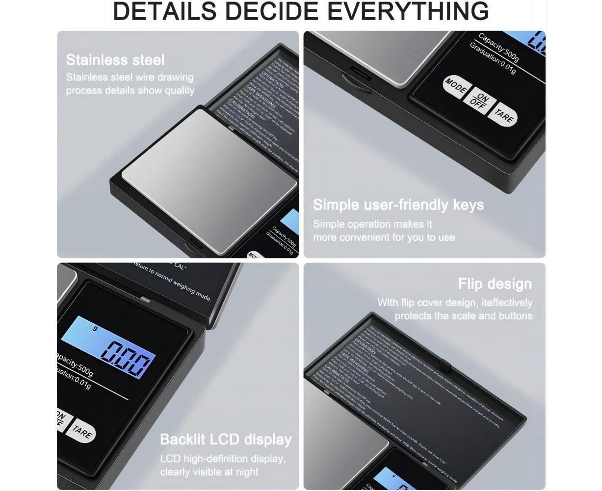 Precision Scale 0.01g, 500g/0.01g, Pocket Scale with LCD Display, Small Jewelry Scale, Kitchen Scale, Precision Scale with Tare Function