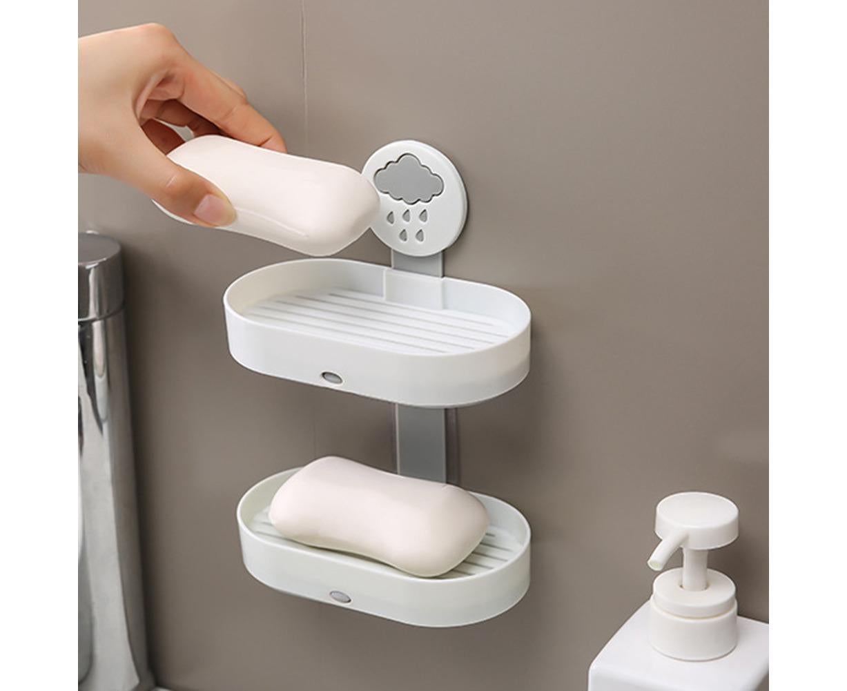 2-layer Cute Cloud Punch Free Soap Storage Box Draining Rack Bathroom Organizer-Light Blue