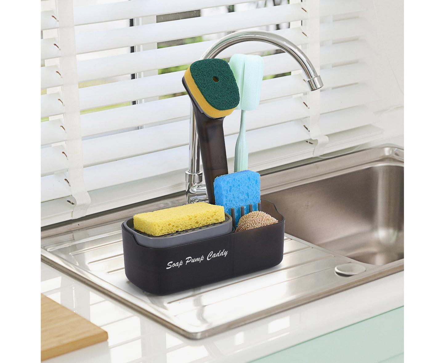 3-in-1 Multi-functional Soap Box with Sponge Holder Hollow Drain Pan Instant Refill Countertop Sink Dish Washing Liquid Soap Dispenser for Kitchen
