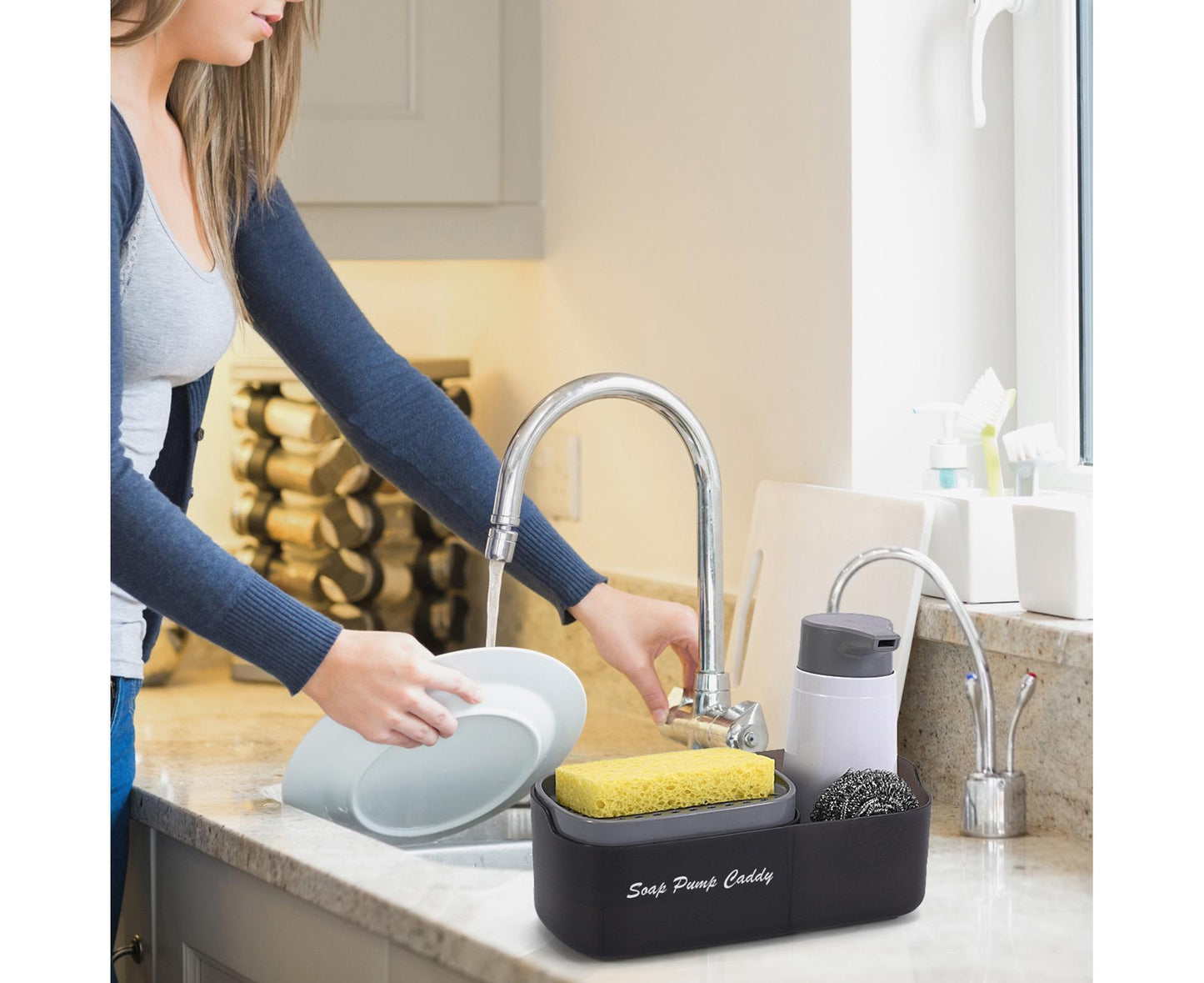 3-in-1 Multi-functional Soap Box with Sponge Holder Hollow Drain Pan Instant Refill Countertop Sink Dish Washing Liquid Soap Dispenser for Kitchen