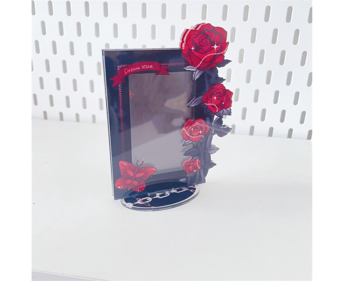 Acrylic Photocard Holder Rose Lily Flower Theme Heavy Duty Standing Mini Photo Stand Picture Display Frame Table Decoration - Red
