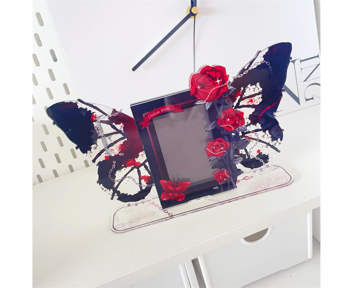 Acrylic Photocard Holder Rose Lily Flower Theme Heavy Duty Standing Mini Photo Stand Picture Display Frame Table Decoration - Red
