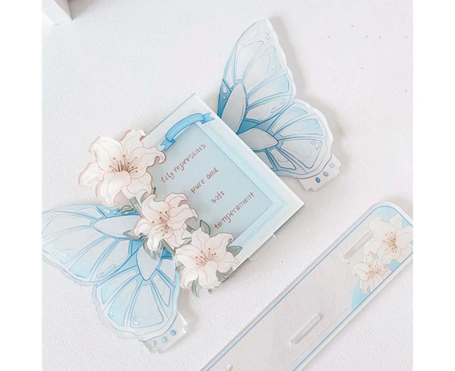 Acrylic Photocard Holder Rose Lily Flower Theme Heavy Duty Standing Mini Photo Stand Picture Display Frame Table Decoration - Blue