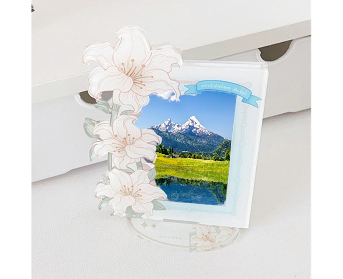 Acrylic Photocard Holder Rose Lily Flower Theme Heavy Duty Standing Mini Photo Stand Picture Display Frame Table Decoration - Blue