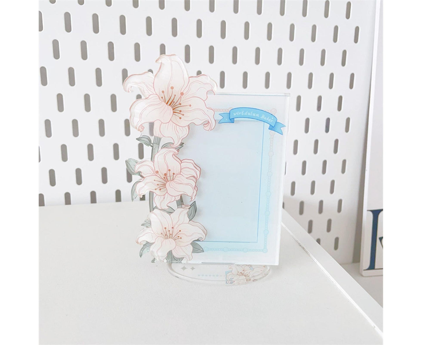 Acrylic Photocard Holder Rose Lily Flower Theme Heavy Duty Standing Mini Photo Stand Picture Display Frame Table Decoration - Blue