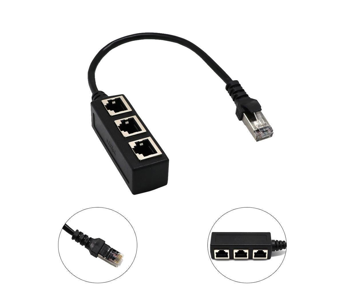 Ethernet Network RJ45 1 Male to 3 Female Connector Splitter Converter Cable - Black