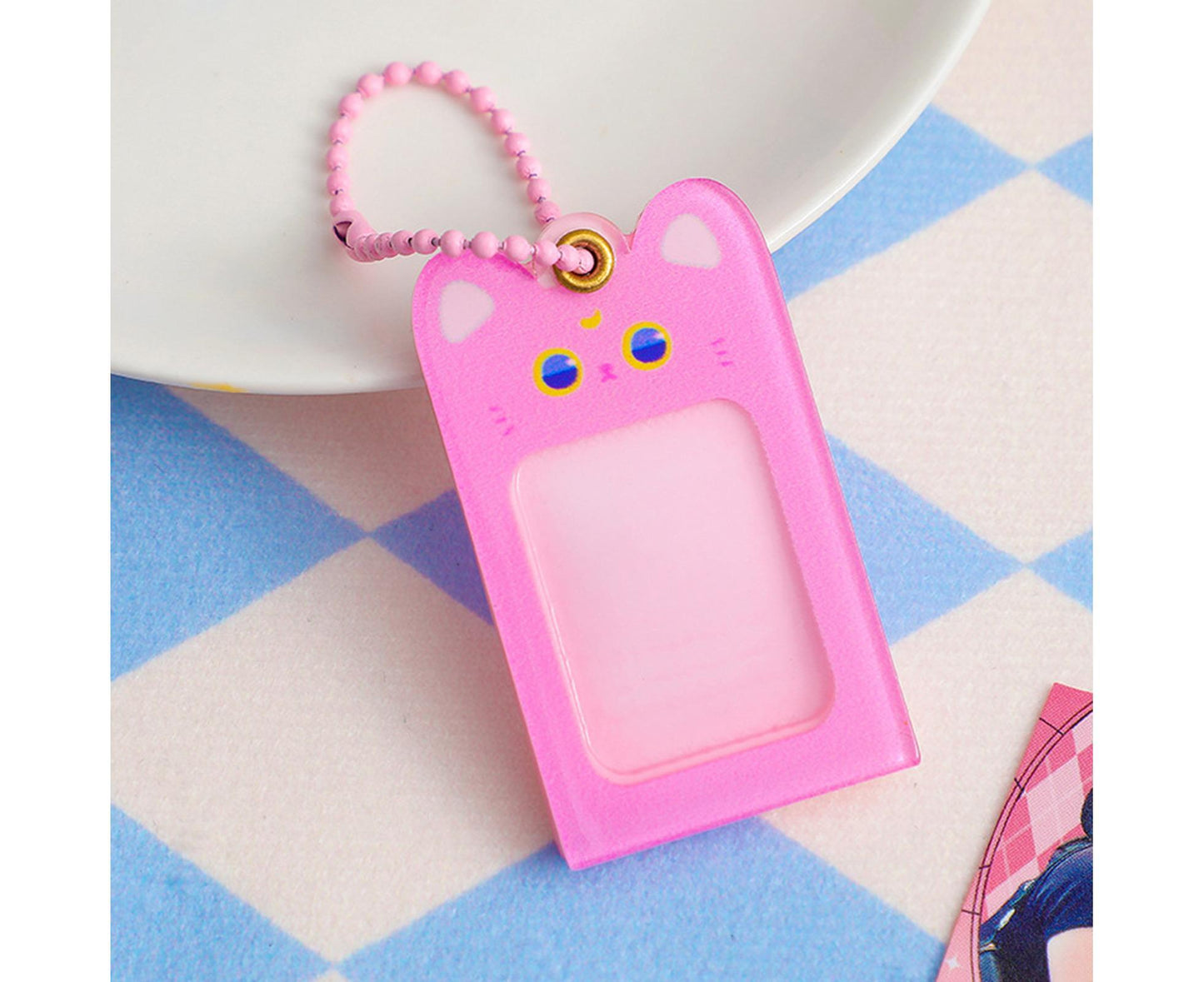 Photo Keychain Creative Acrylic Cartoon Cat Photo Frame Hanging Pendant for Daily Use-Pink
