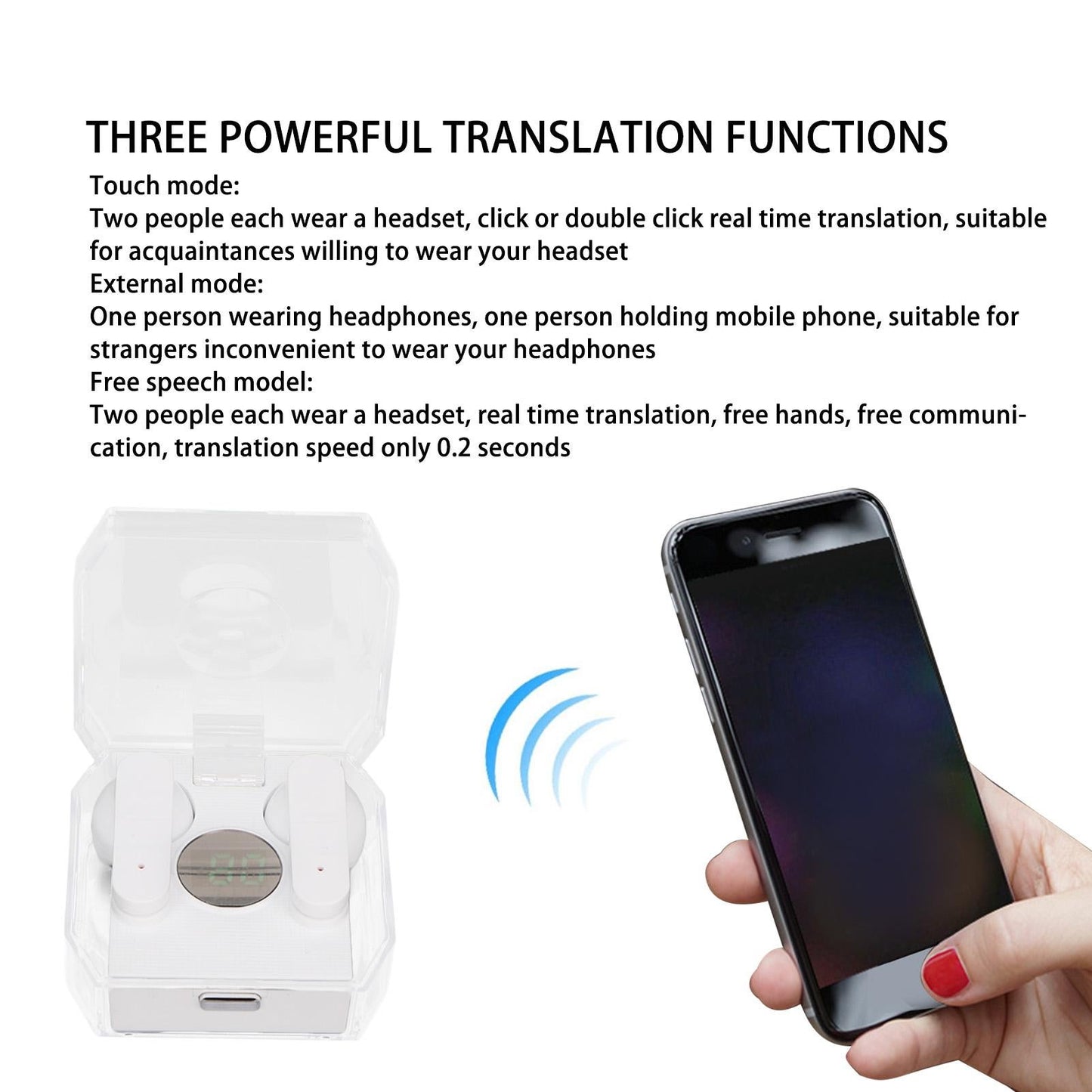 Language Translator Earbuds Bluetooth 5.3 144 Languages Online Translation Translator Earphones for Music and Calling White