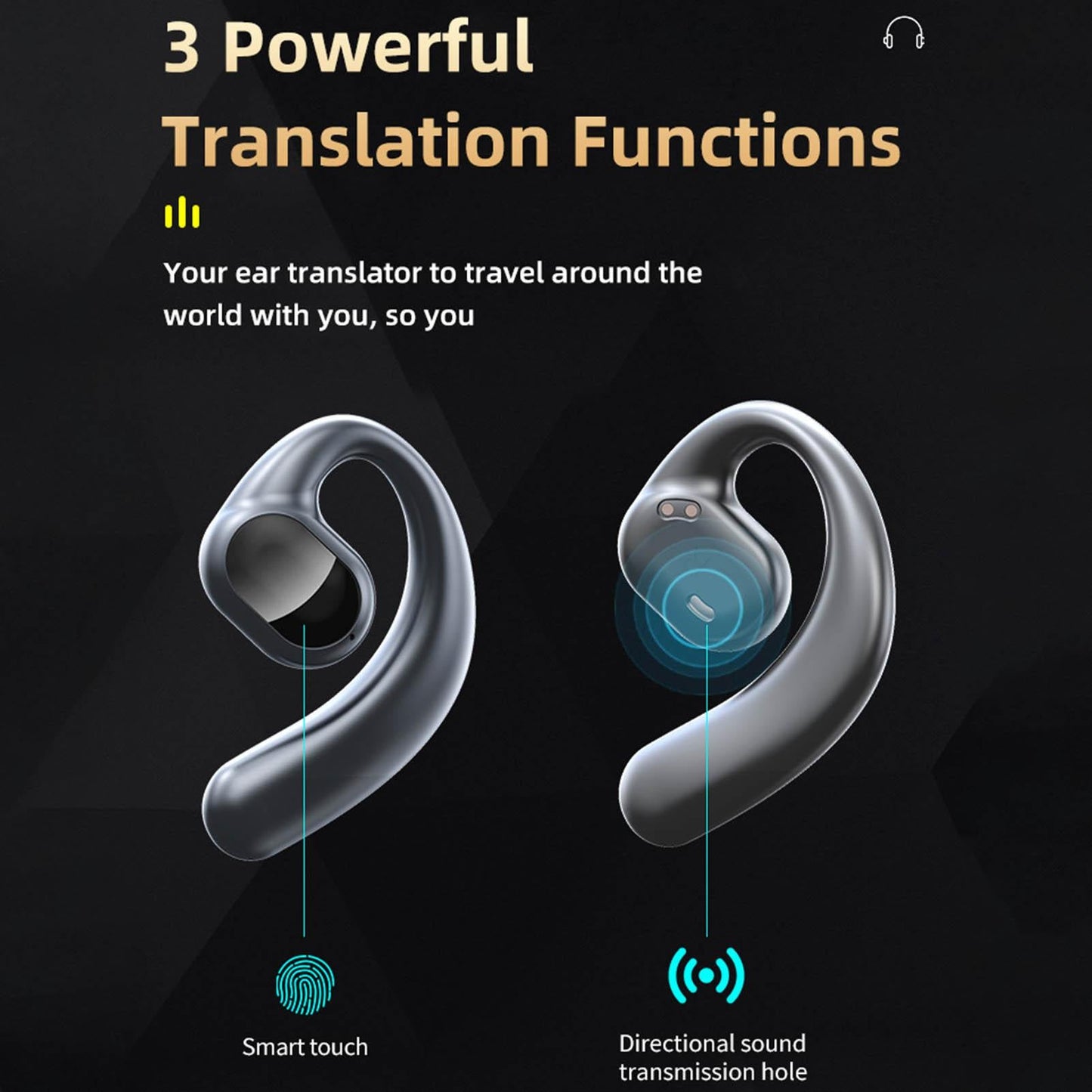 Language Translator Earbuds Multifunction Noise Reduction 144 Kinds Languages Real Time Translation Headphone Black