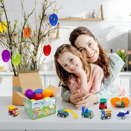 12Pcs Easter Eggs with Mini Pull-Back Cars, Stuffed Easter Eggs, for Boys and Girls