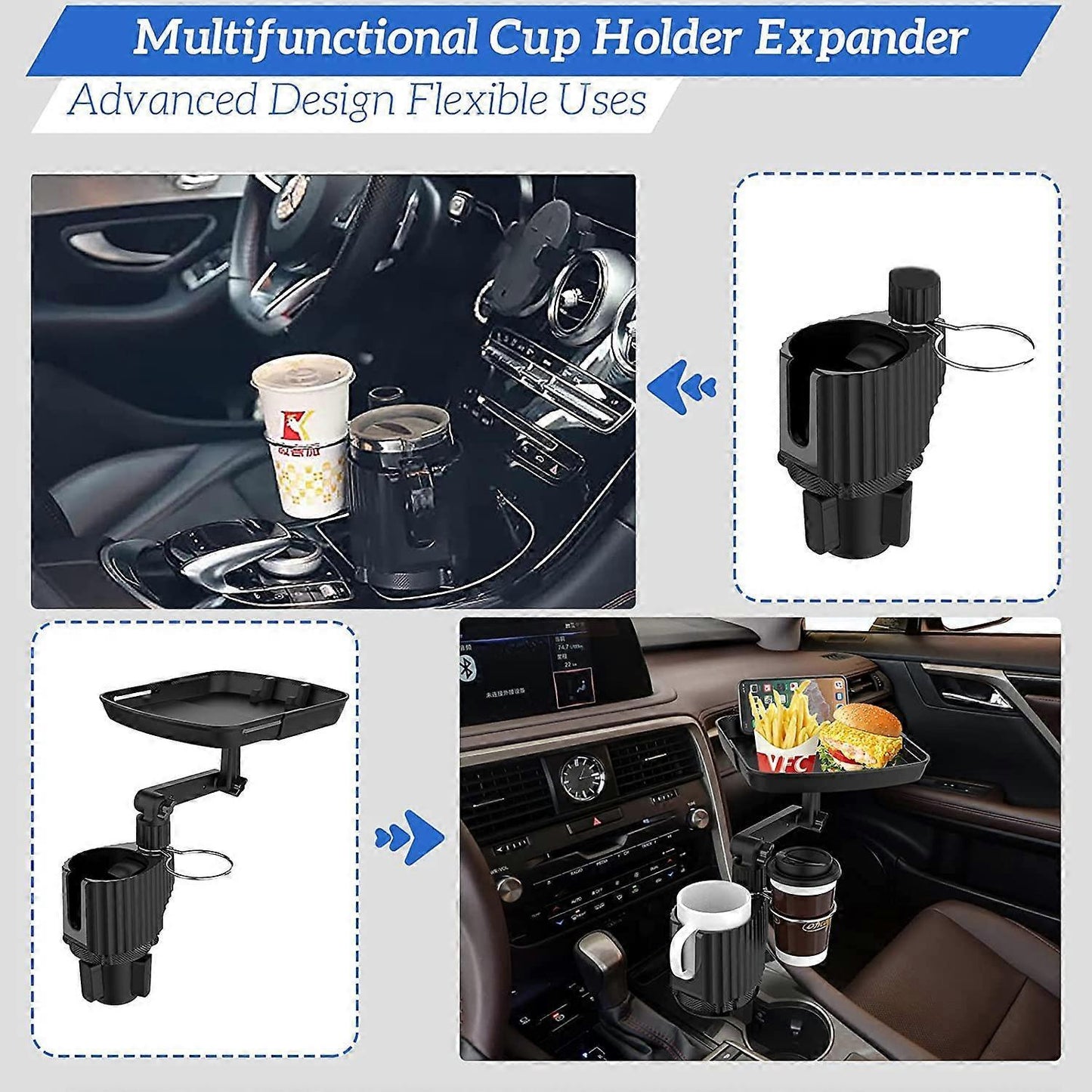 Car Cup Holder Expander with Detachable Tray, Multifunctional Car Tray Table