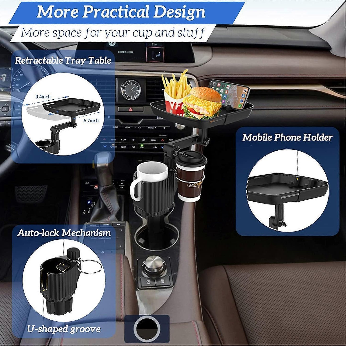 Car Cup Holder Expander with Detachable Tray, Multifunctional Car Tray Table