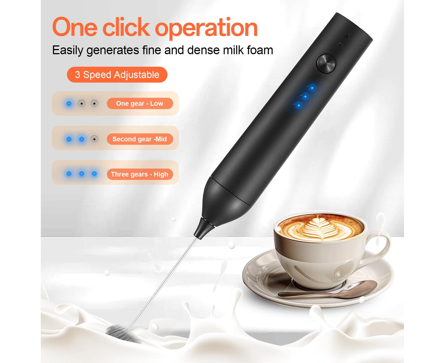 Electric Milk Frother, Rechargeable Handheld Foam Maker, 3 Adjustable Speed Levels, Standable Whisk for Coffee & Cream