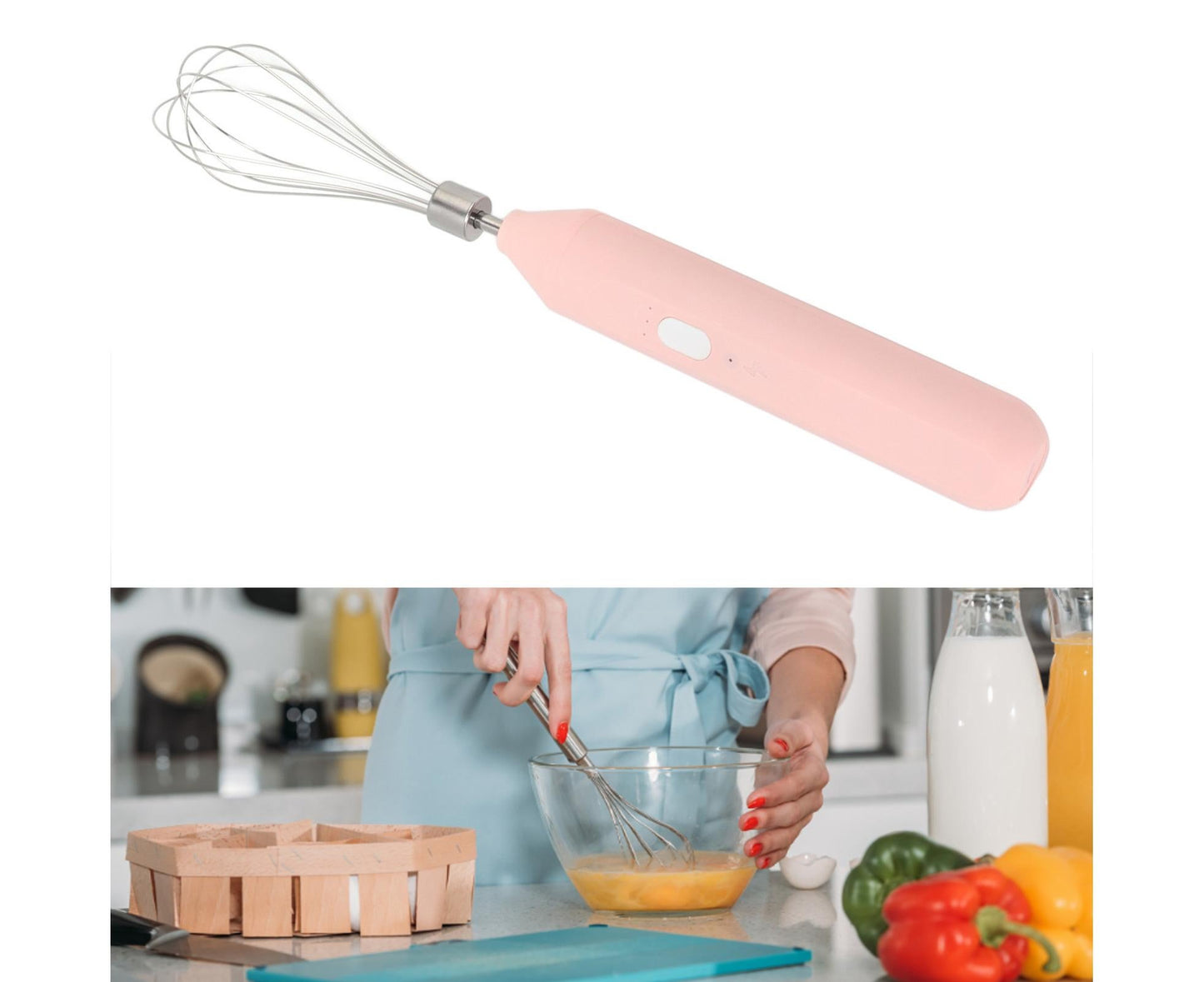 Electric Egg Beater, USB Charging Milk Frother, Portable Cordless Drink Mixer with Stainless Steel Whisk, Pink