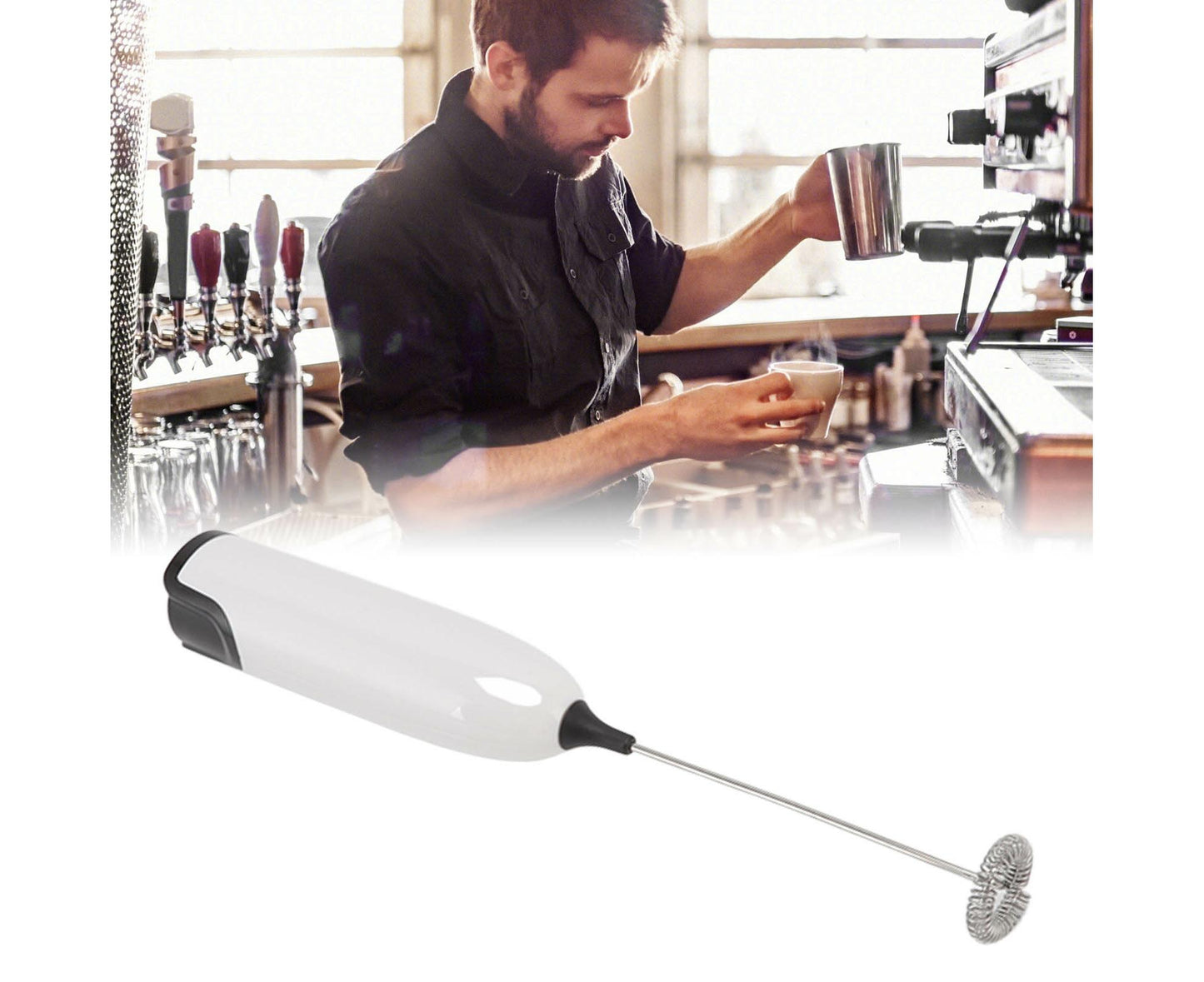 Household Electric Milk Frother, Automatic Handheld Foam Maker, Coffee Stirring Bar, Kitchen Drink Foamer (White/Black)