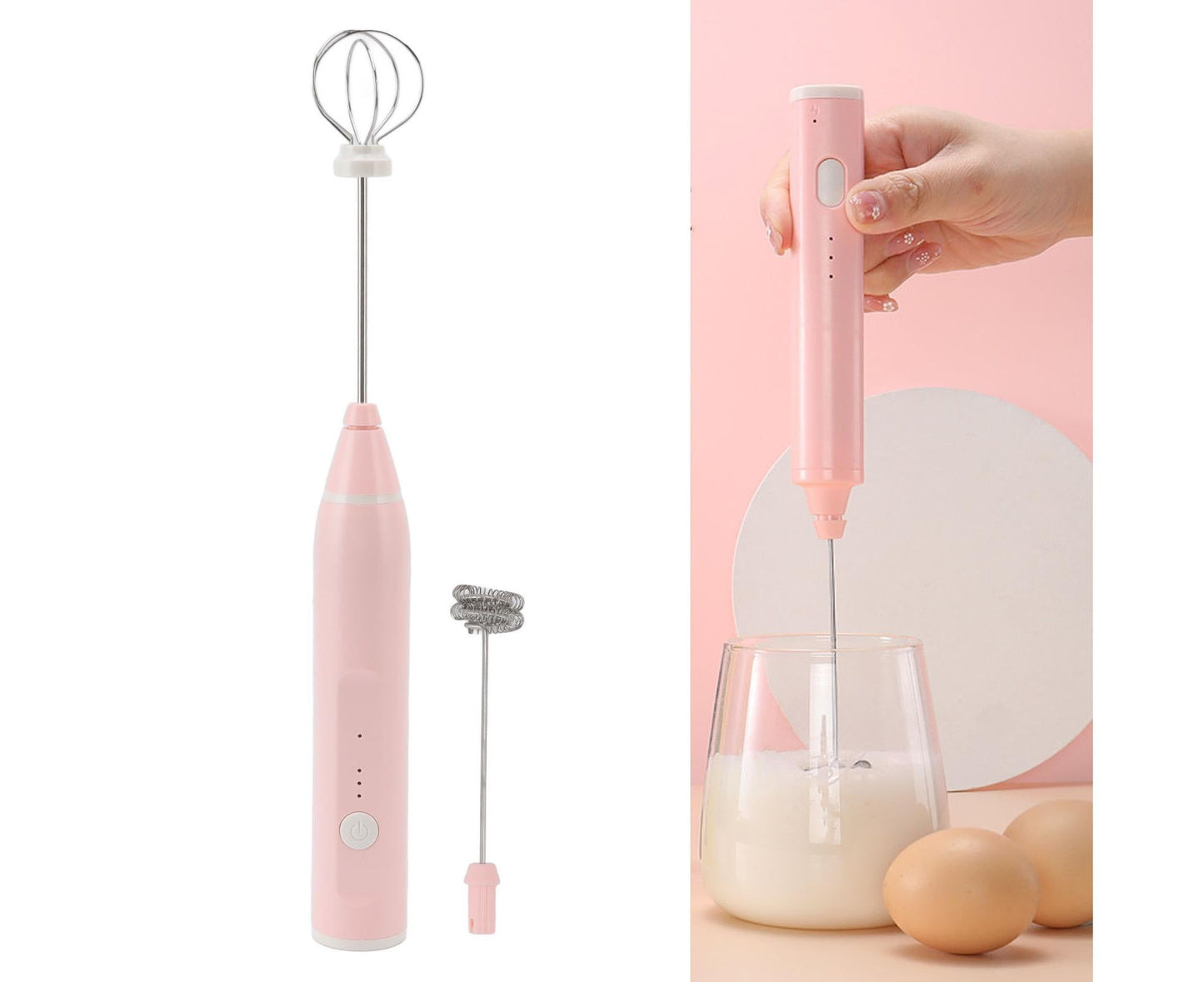 Mini Electric Stirrer, Cordless Multifunctional Eggbeater with 2 Heads for Home Coffee & Drinks, Pink
