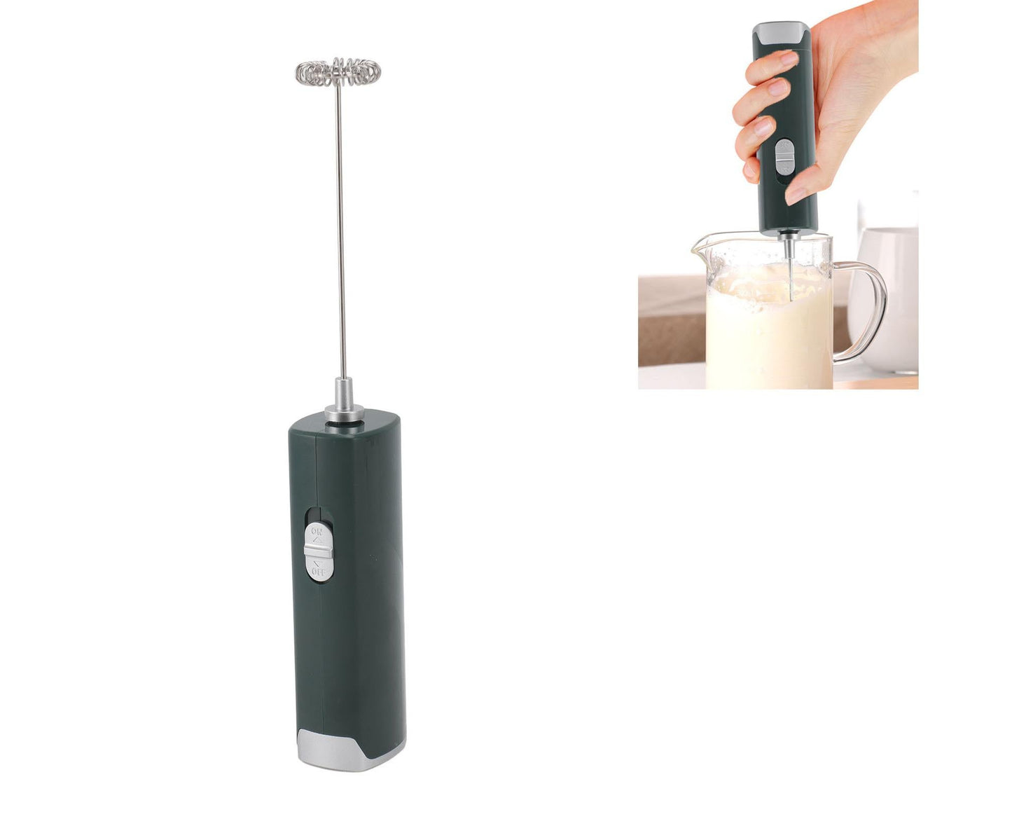 Electric Milk Frother, Multifunctional, Low Noise Mini Hand Wand for Coffee, Lattes, & Hot Chocolate, Dark Green