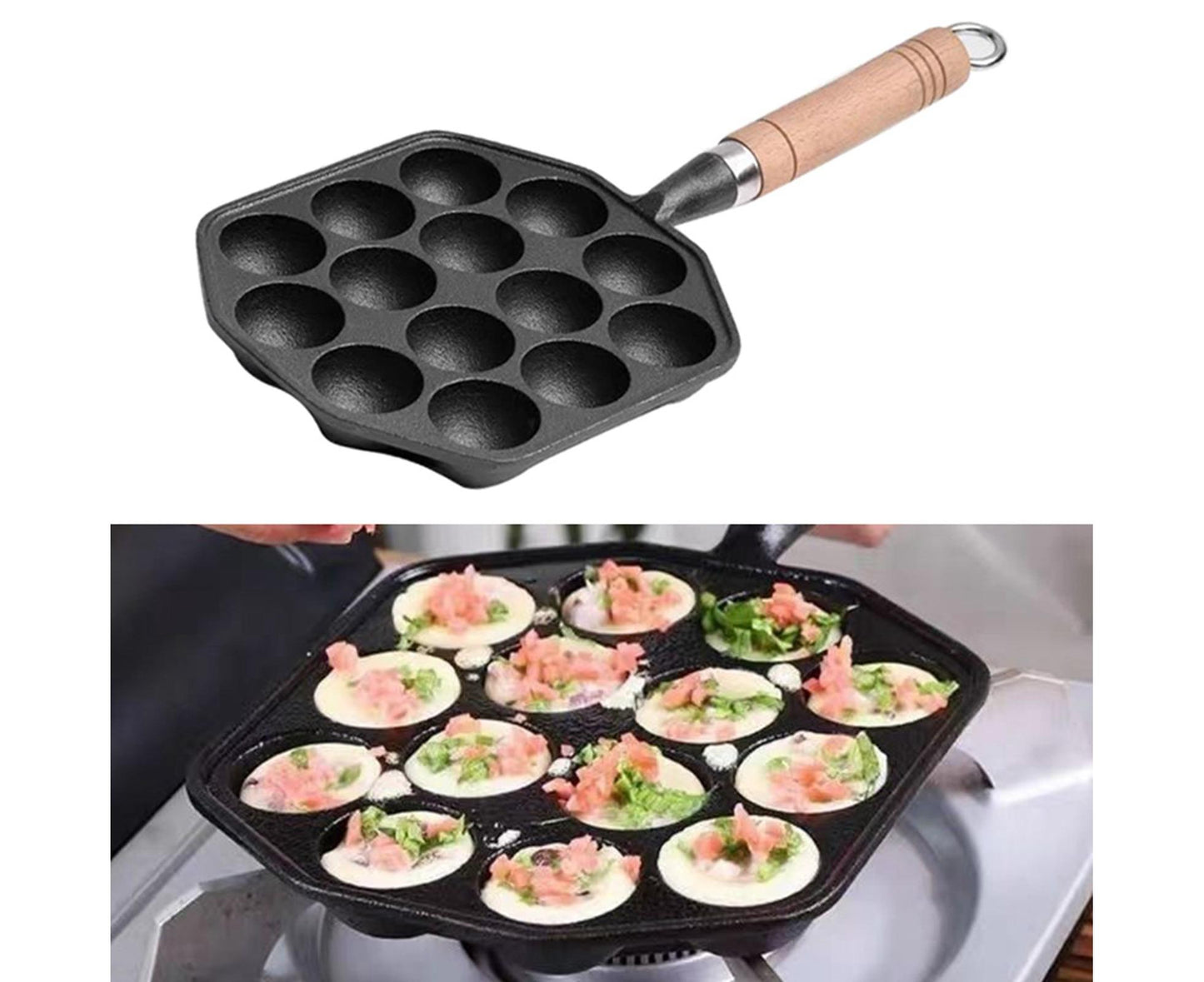 14-Hole Takoyaki Pan, Non-Stick Cast Iron Octopus Meatball Mold, Detachable Handle