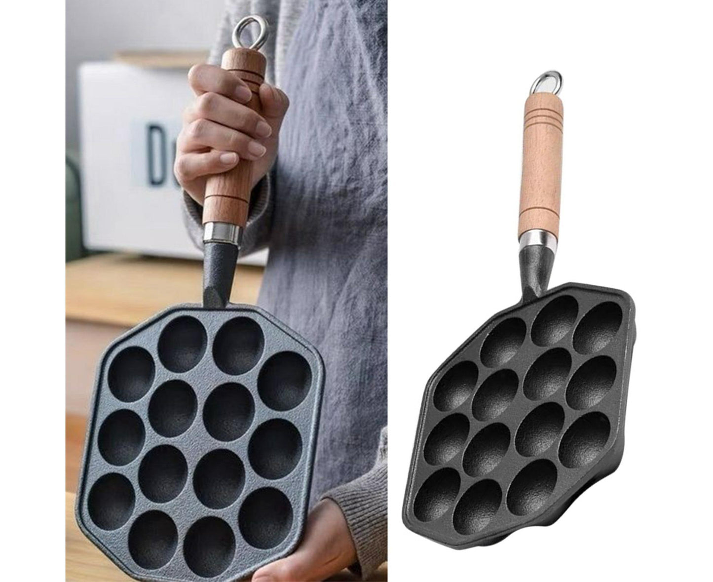 14-Hole Takoyaki Pan, Non-Stick Cast Iron Octopus Meatball Mold, Detachable Handle