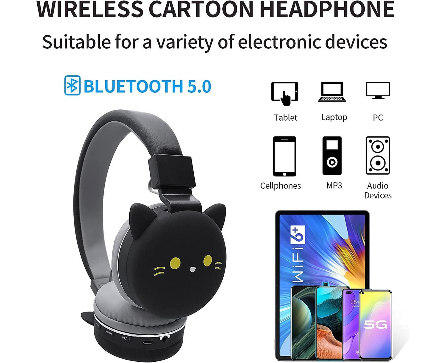Cartoon Wireless Headphones - Stereo Sound - Cute Black Cat Headphones for babies