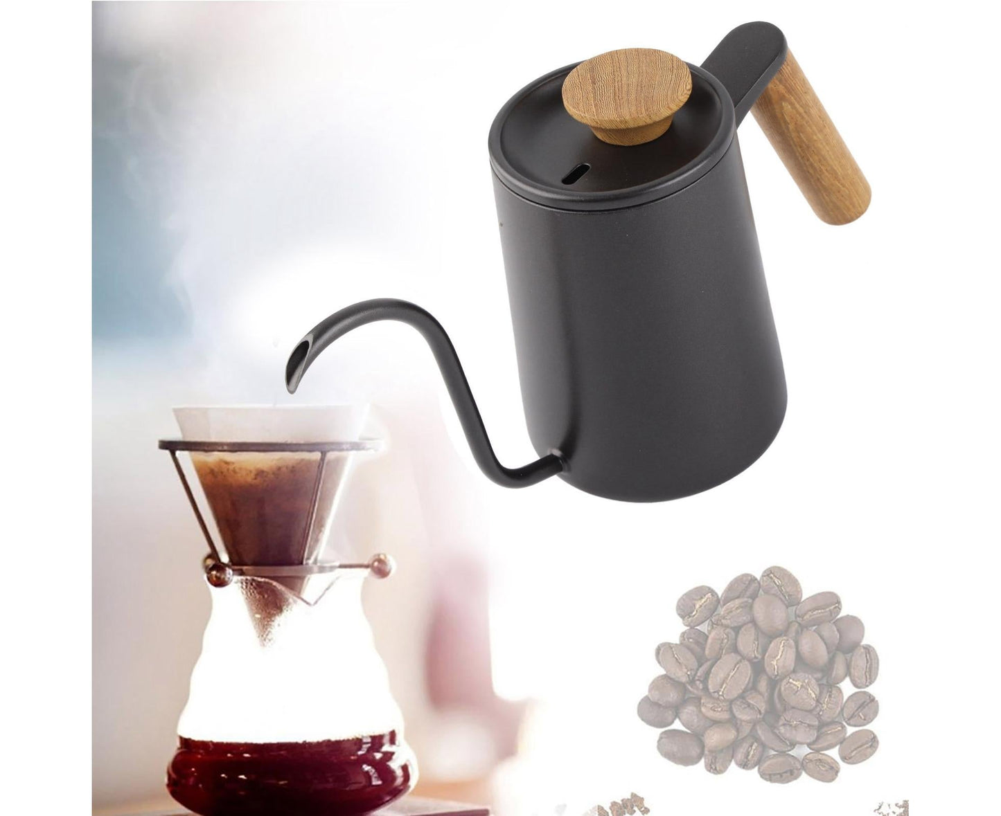 600ml Stainless Steel Drip Coffee Pot, Long Gooseneck Spout Kettle, Black