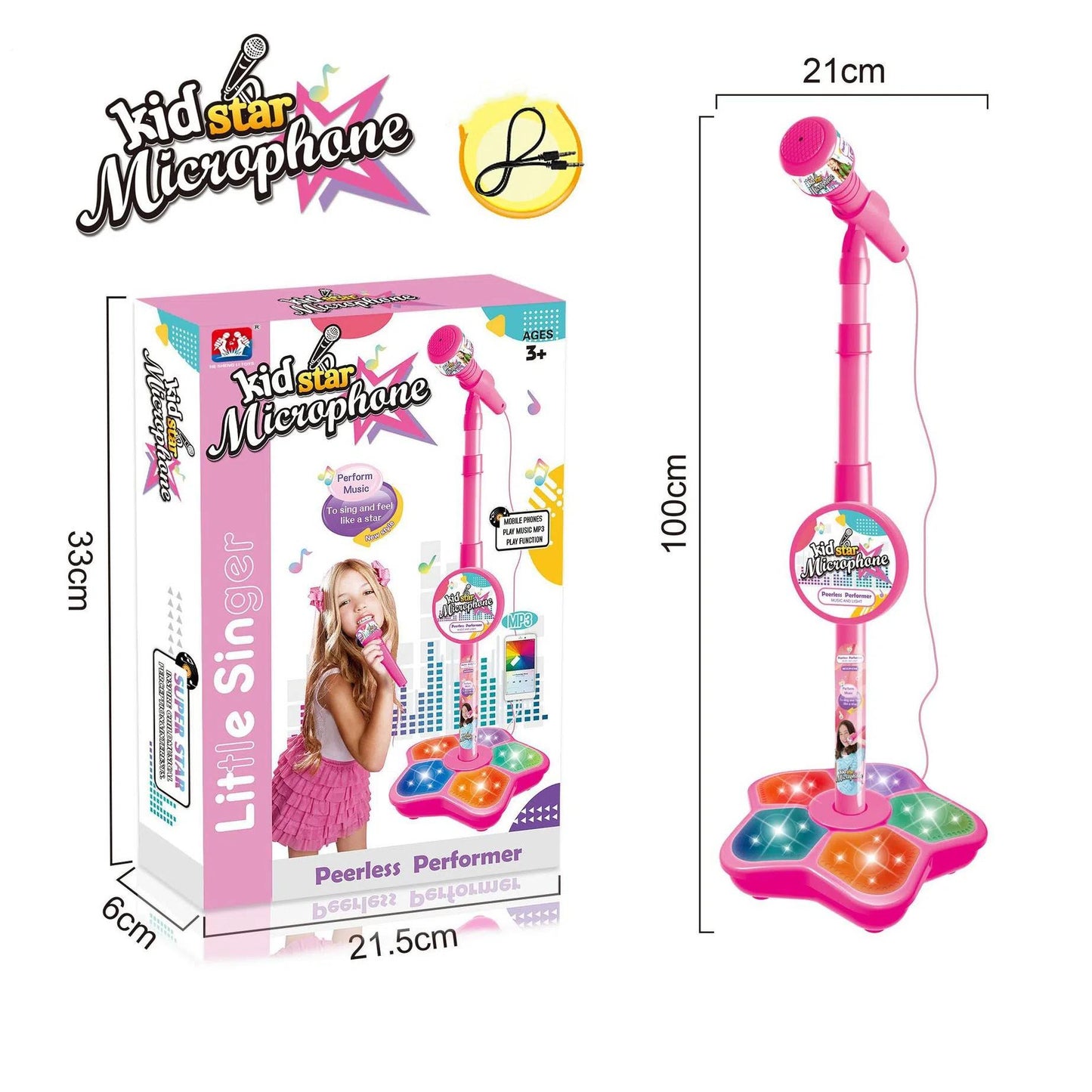 Babies Microphone with Stand, Singing Toys for Girls and Boys with Music and Light, Adjustable Standing Babies Karaoke Machine with Light - Pink