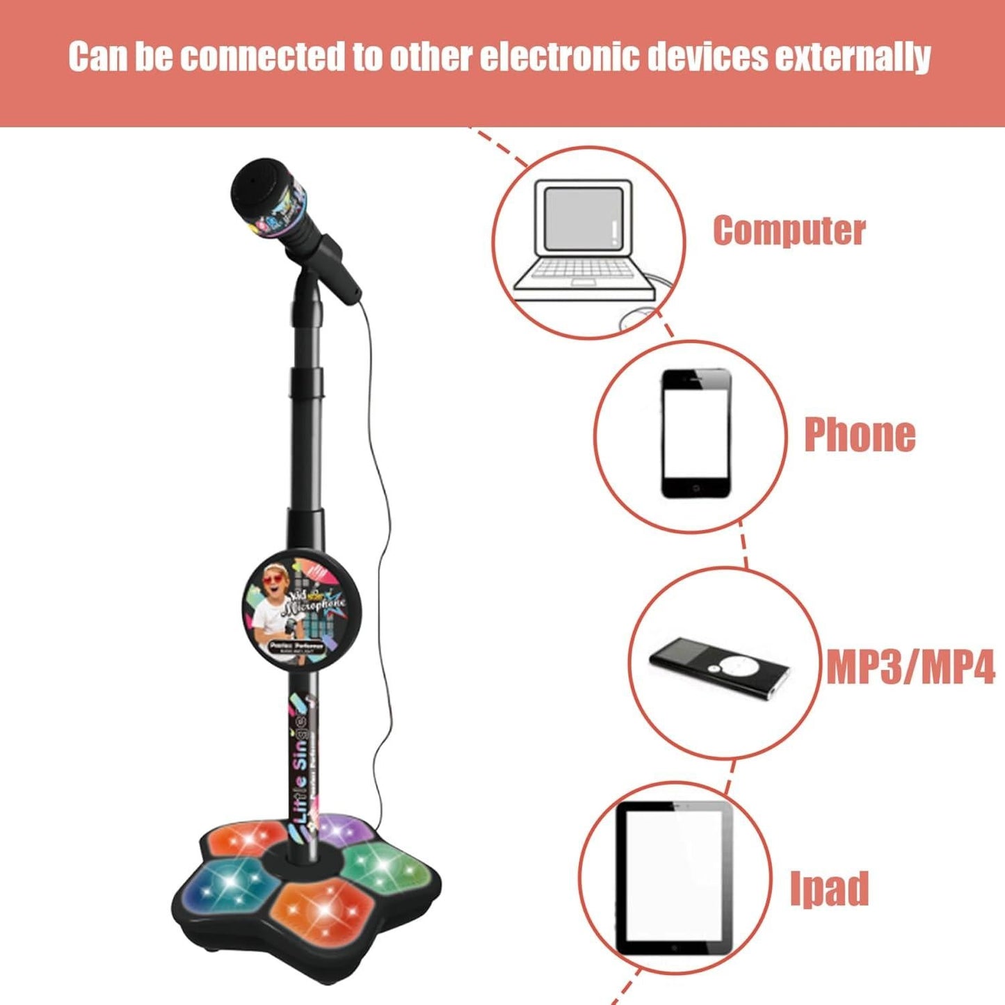 Babies Microphone with Stand, Singing Toys for Girls and Boys with Music and Light, Adjustable Standing Babies Karaoke Machine with Light - Pink