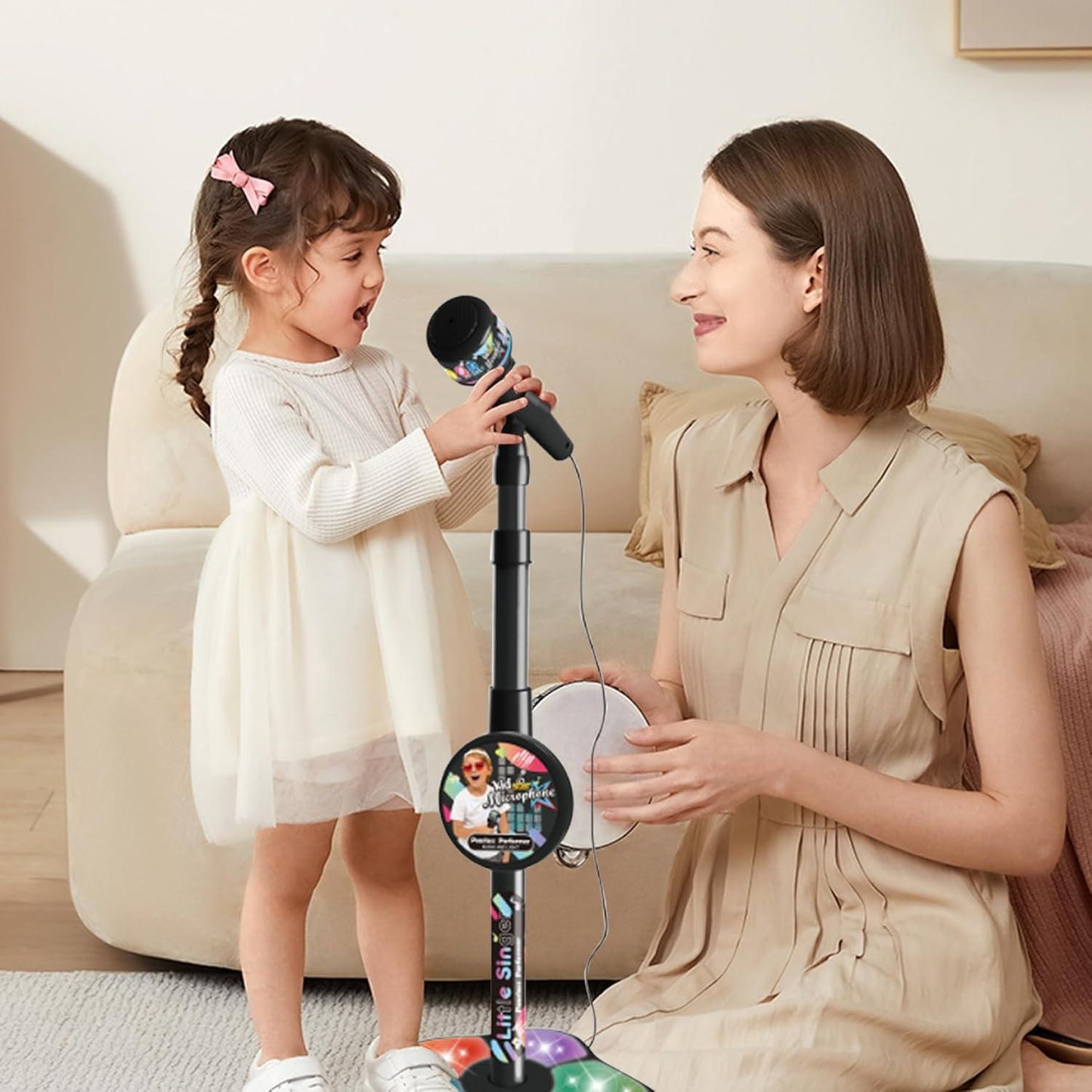 Babies Microphone with Stand, Singing Toys for Girls and Boys with Music and Light, Adjustable Standing Babies Karaoke Machine with Light - Pink