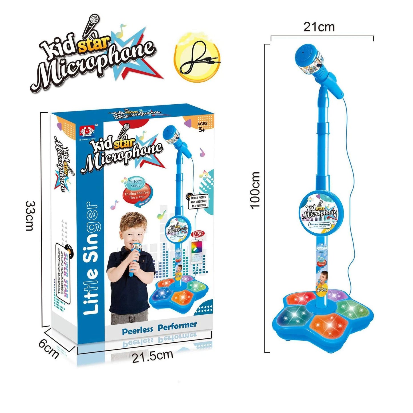 Babies Microphone with Stand, Singing Toys for Girls and Boys with Music and Light, Adjustable Standing Babies Karaoke Machine with Light - Blue