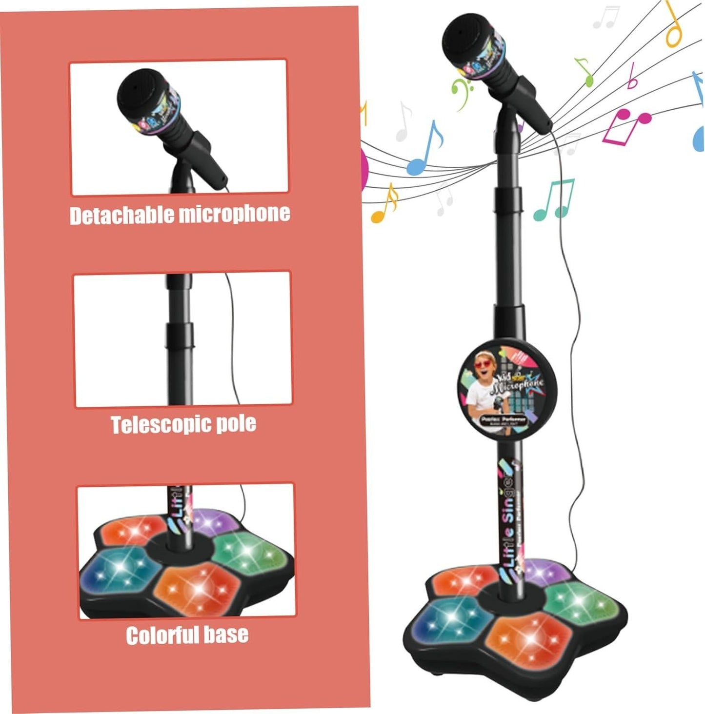 Babies Microphone with Stand, Singing Toys for Girls and Boys with Music and Light, Adjustable Standing Babies Karaoke Machine with Light - Blue