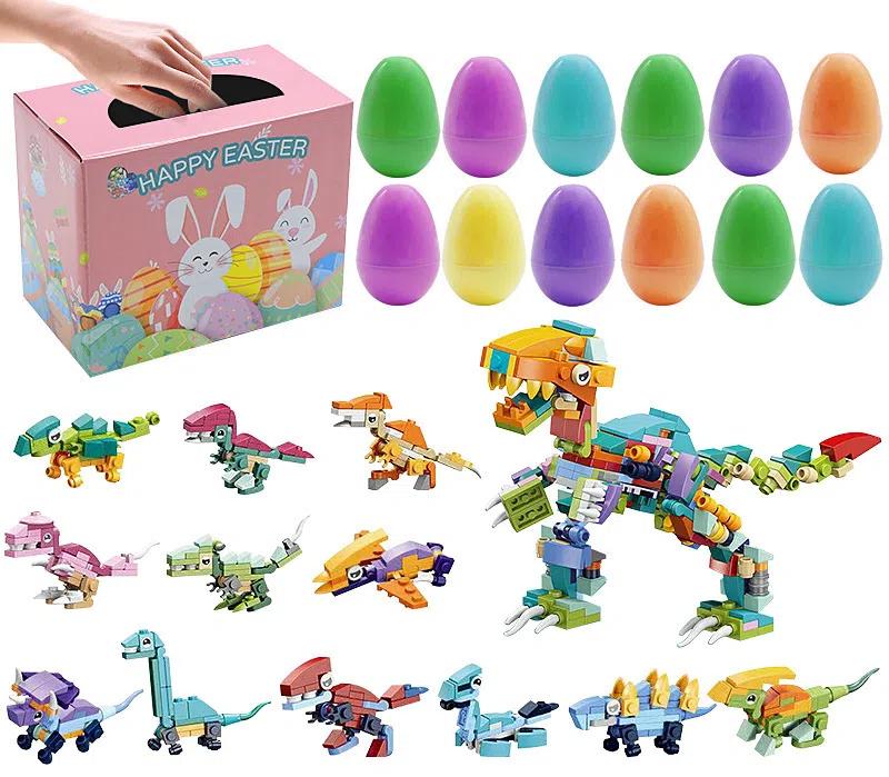 12pcs Prefilled Easter Eggs, Dinosaurs Building Blocks Toy Filled Easter Eggs, Easter Toy Holiday Basket Stuffers