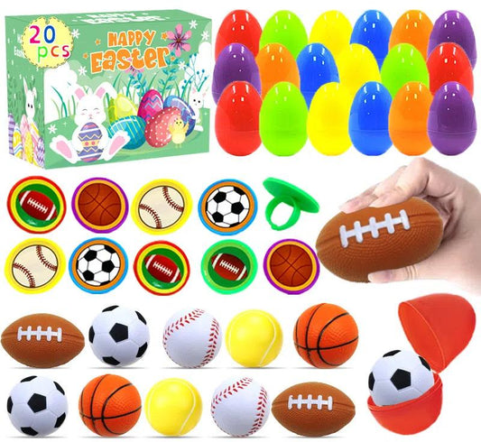 20pcs Prefilled Easter Eggs, Football Basketball Baseball Toy Filled Easter Eggs, Easter Toy Holiday Basket Stuffers