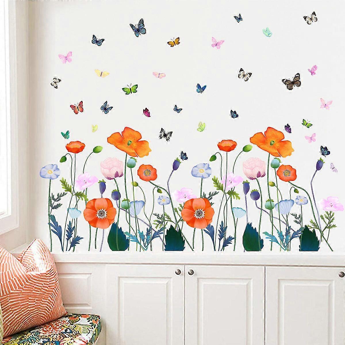 Fresh Flowers And Plants Wall Stickers Glass Window Stickers Colorful Butterfly Flowers Bedroom Living Room Decoration Stickers