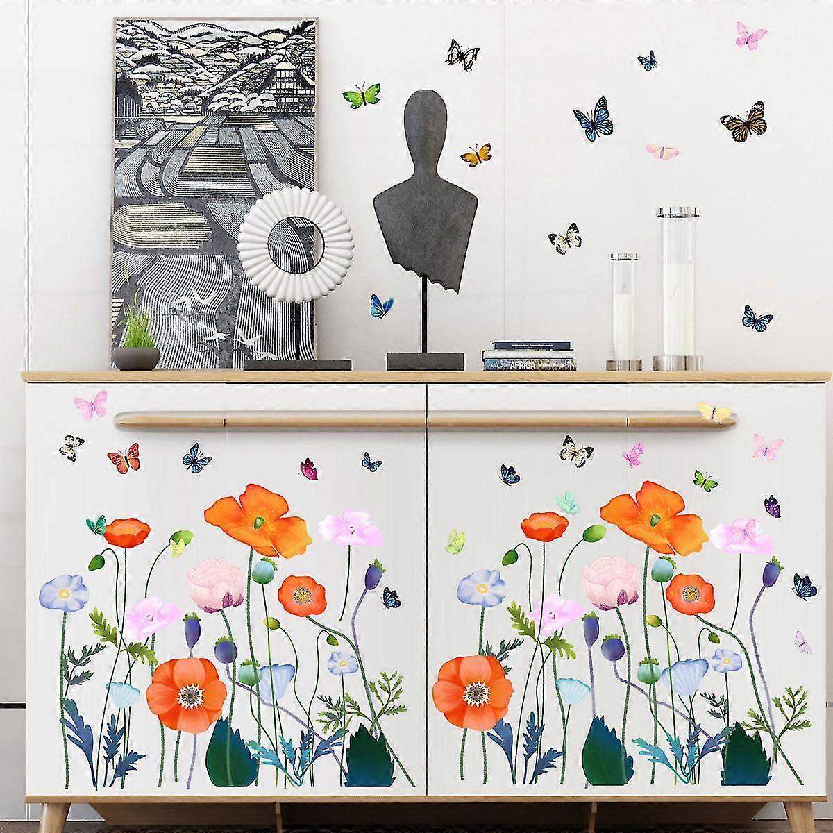 Fresh Flowers And Plants Wall Stickers Glass Window Stickers Colorful Butterfly Flowers Bedroom Living Room Decoration Stickers