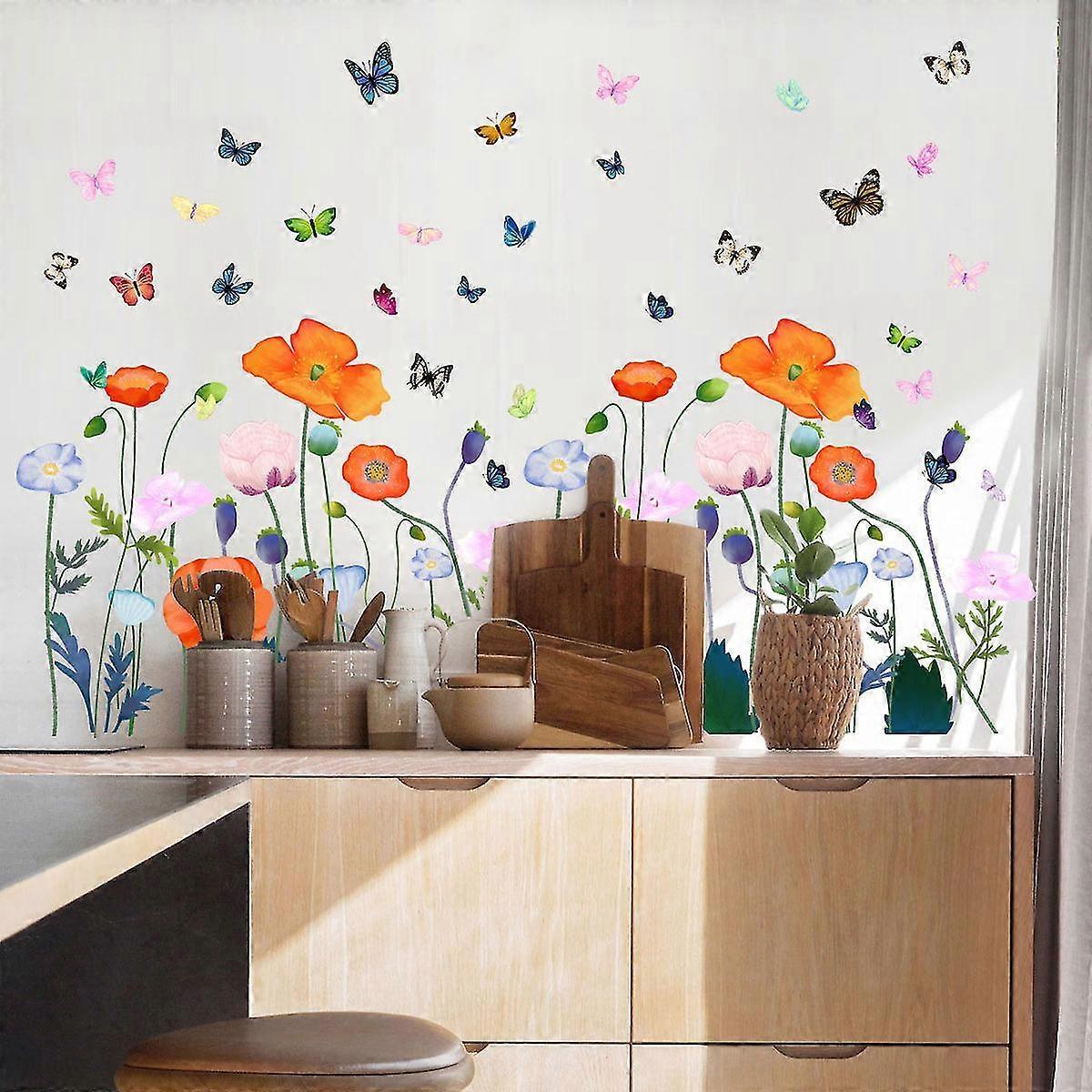 Fresh Flowers And Plants Wall Stickers Glass Window Stickers Colorful Butterfly Flowers Bedroom Living Room Decoration Stickers