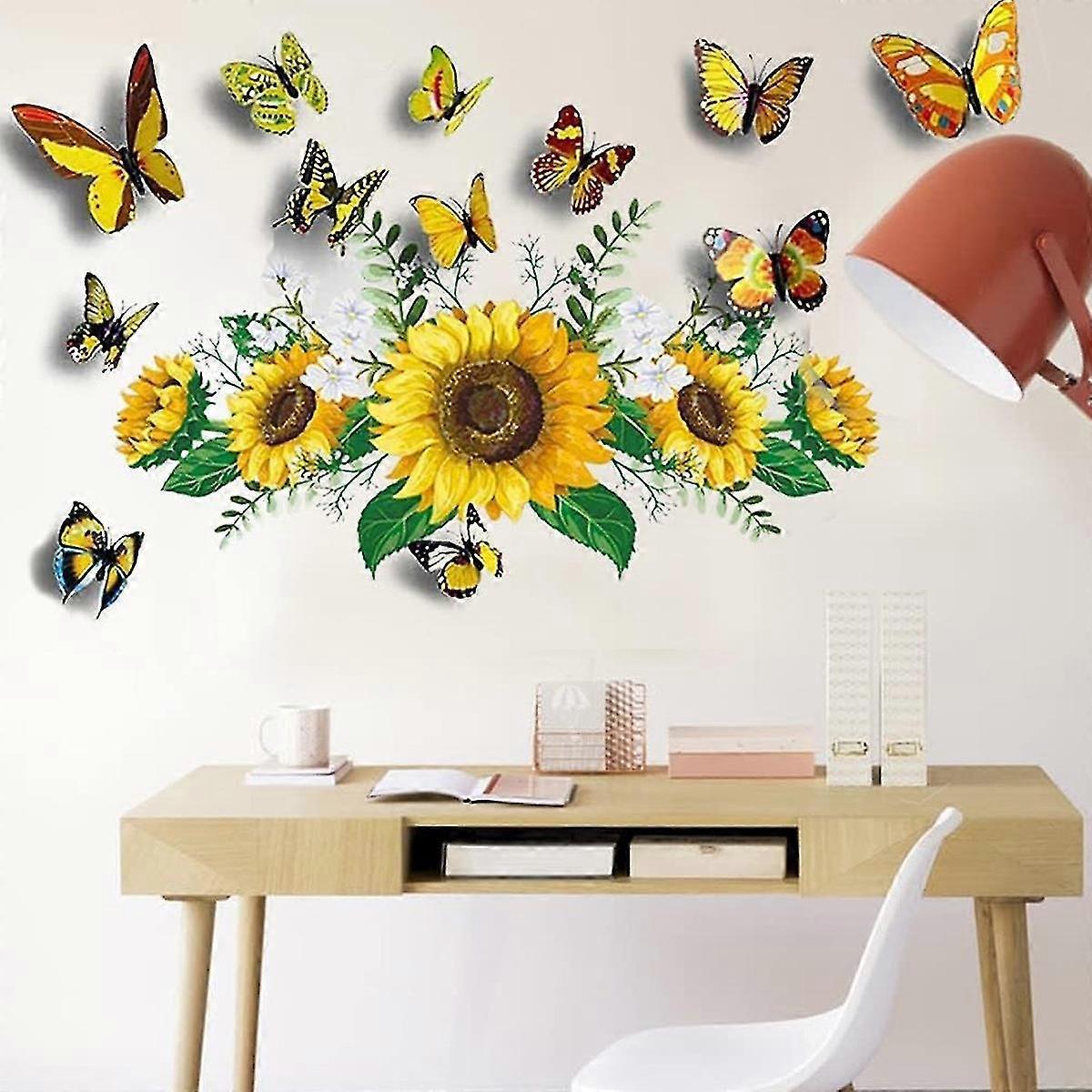 Sunflower Wall Stickers With 3d Butterfly Wall Sticker,sunflower Wall Stickers,wall Stickers For Bedroom