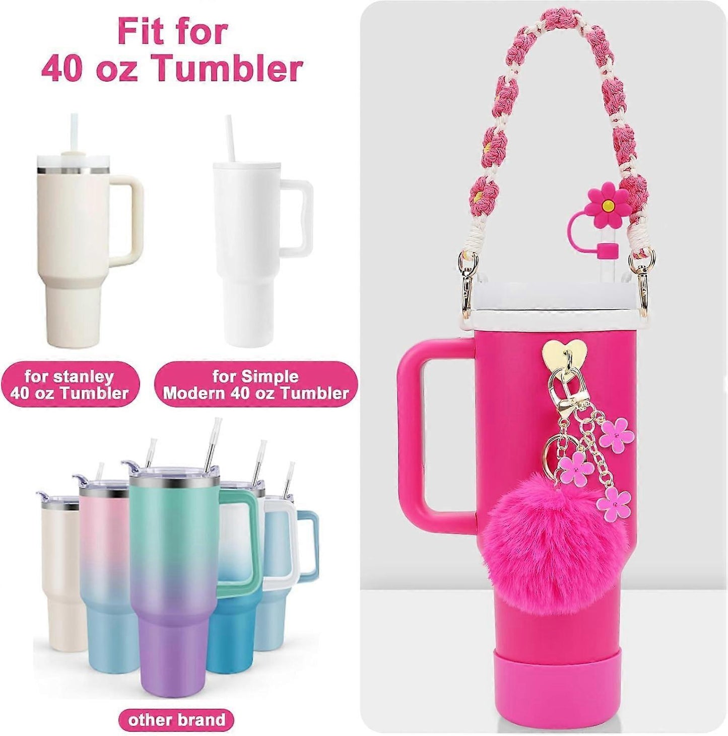 Stanley Cup Accessory Set - Water Bottle Handle Strap, Siliocne Stanley Cup Boot, Stanley Charms Stanley Cup 40 oz Tumbler