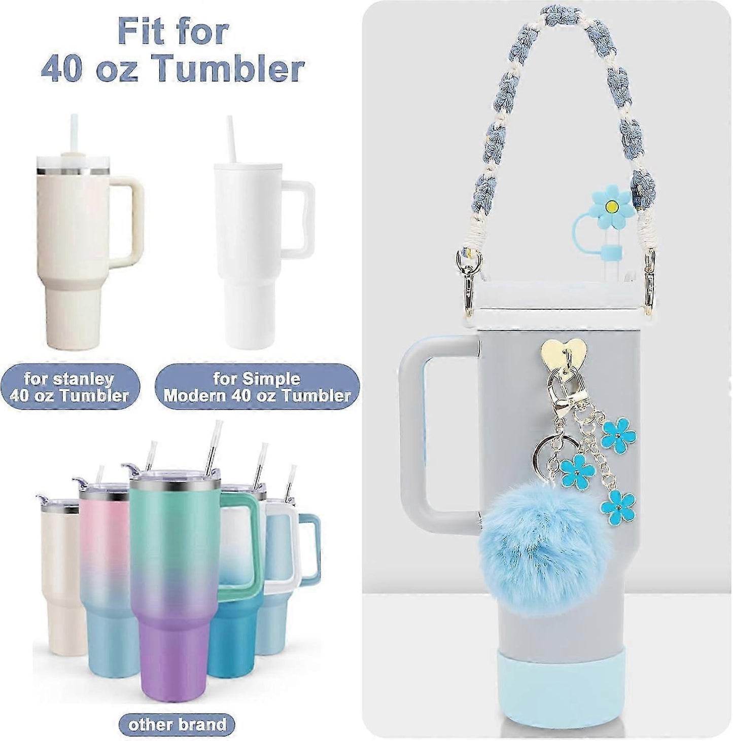 Stanley Cup Accessory Set - Water Bottle Handle Strap, Siliocne Stanley Cup Boot, Stanley Charms Stanley Cup 40 oz Tumbler