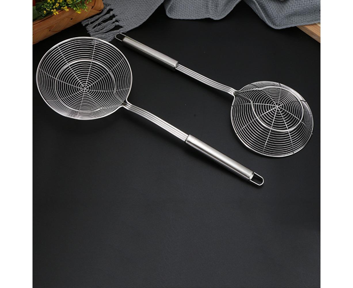 Long Handle Round Stainless Steel Colander Oil Filter Fried Food Grid Strainer-Silver 20