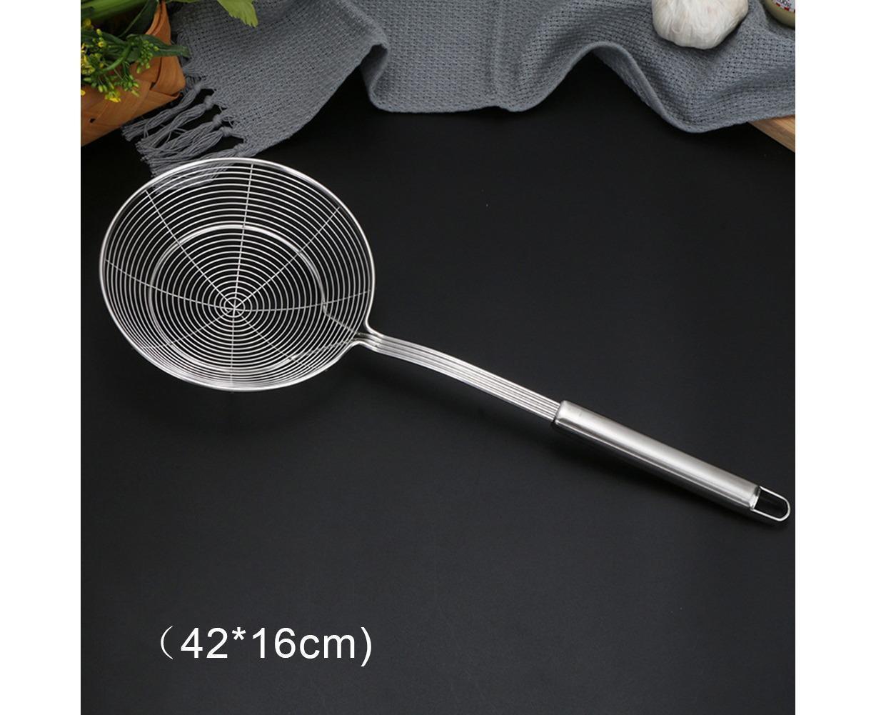 Long Handle Round Stainless Steel Colander Oil Filter Fried Food Grid Strainer-Silver 20