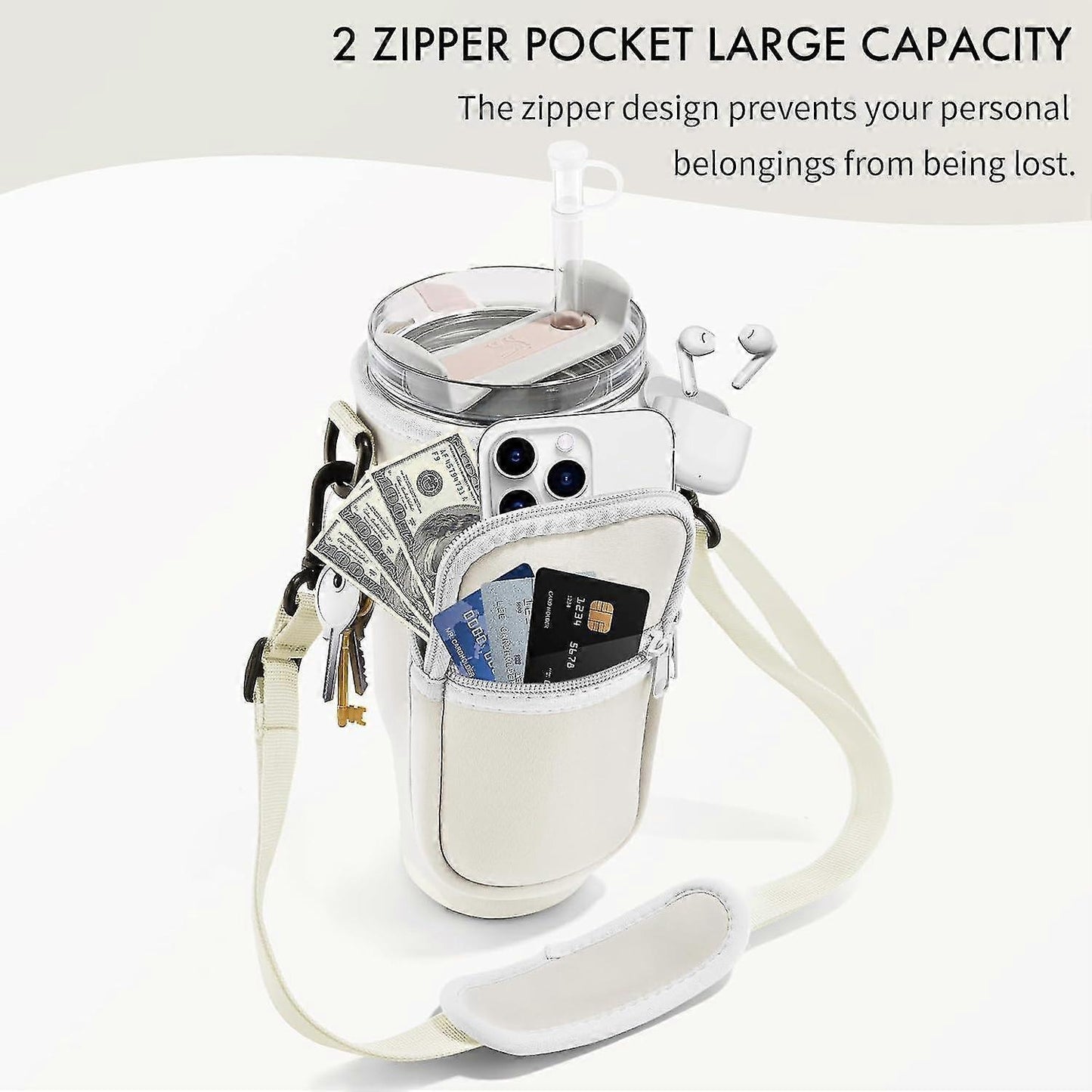 Water Bottle Carrier Bag with Phone Pocket for Stanley Cup 40 oz, Water Bottle Holder with Adjustable Strap& Straw Cover, Stanley Cup Accessories