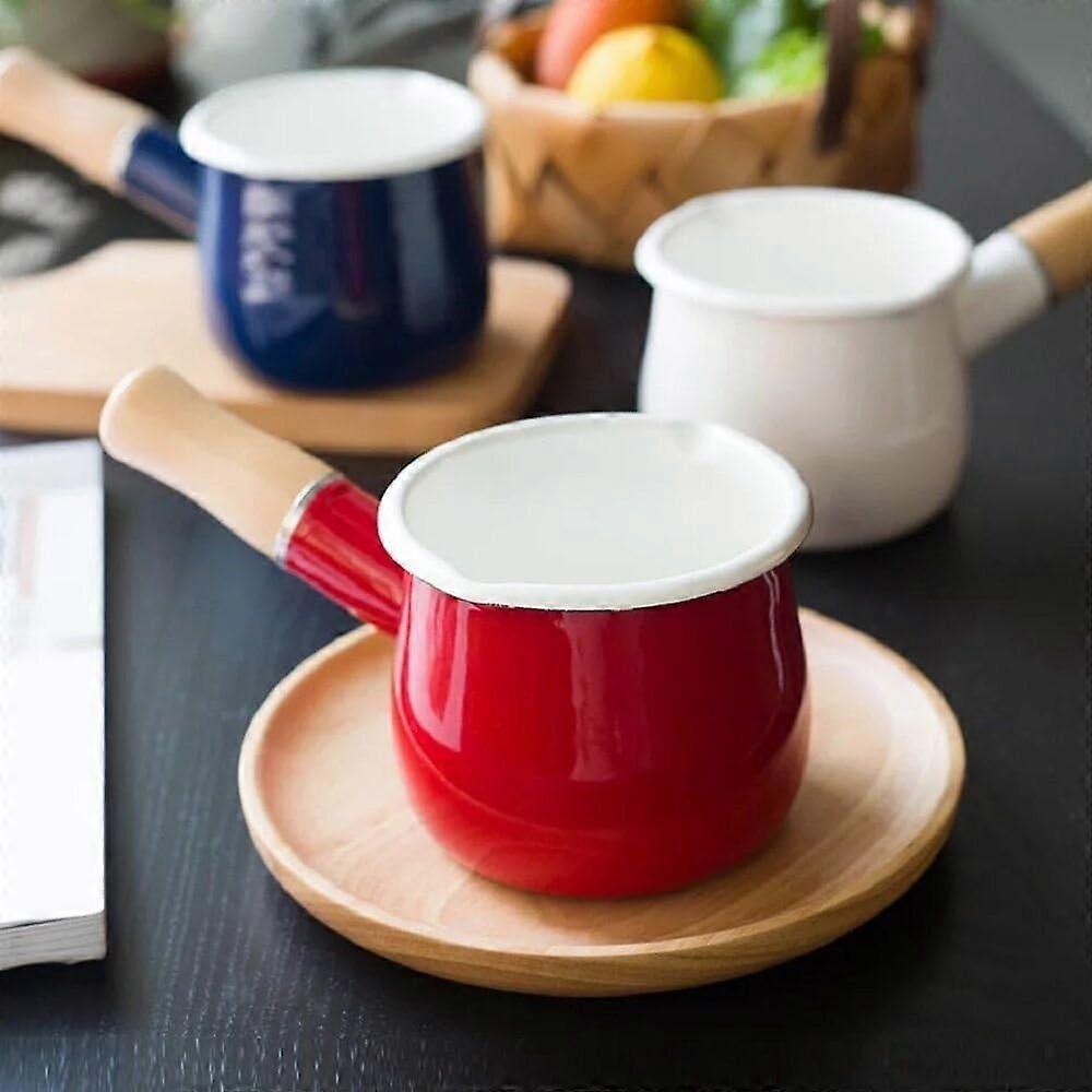 Non-Stick Enamel Milk Pan with Wooden Handle - Red