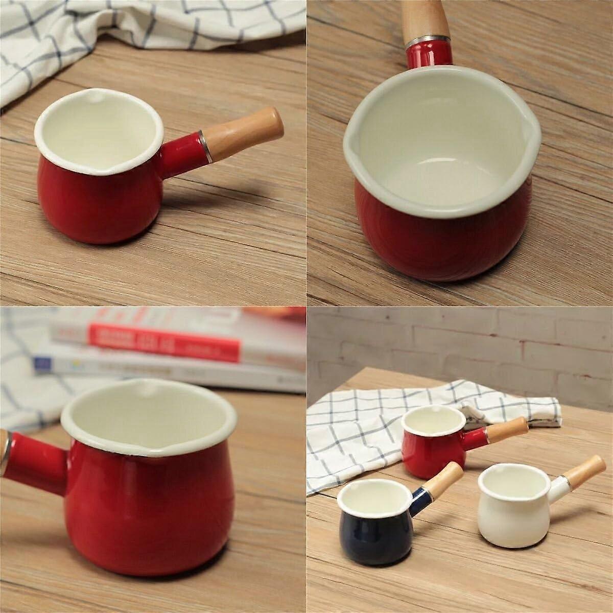 Non-Stick Enamel Milk Pan with Wooden Handle - Red