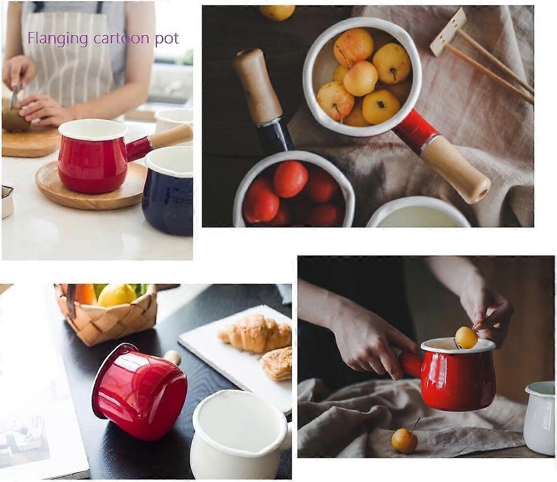 Non-Stick Enamel Milk Pan with Wooden Handle - Red
