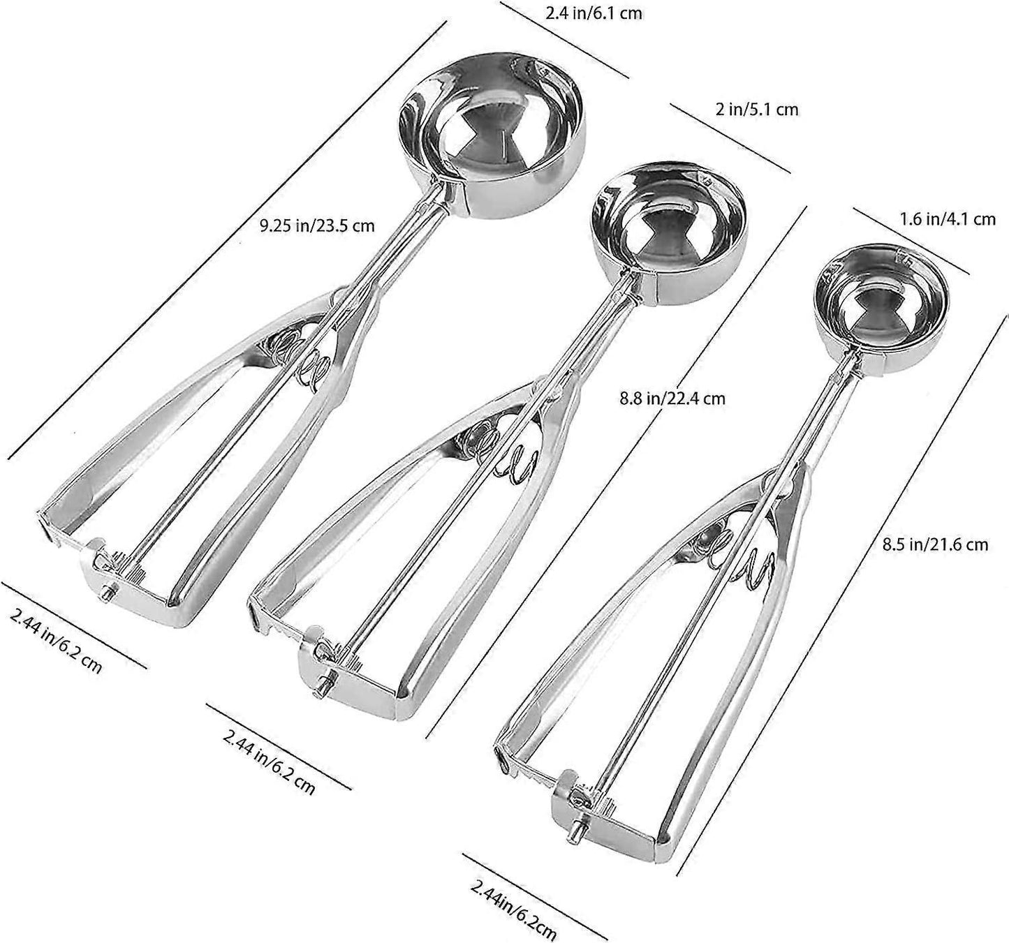 3 Pack Stainless Steel Ice Cream Scoops with Trigger Release