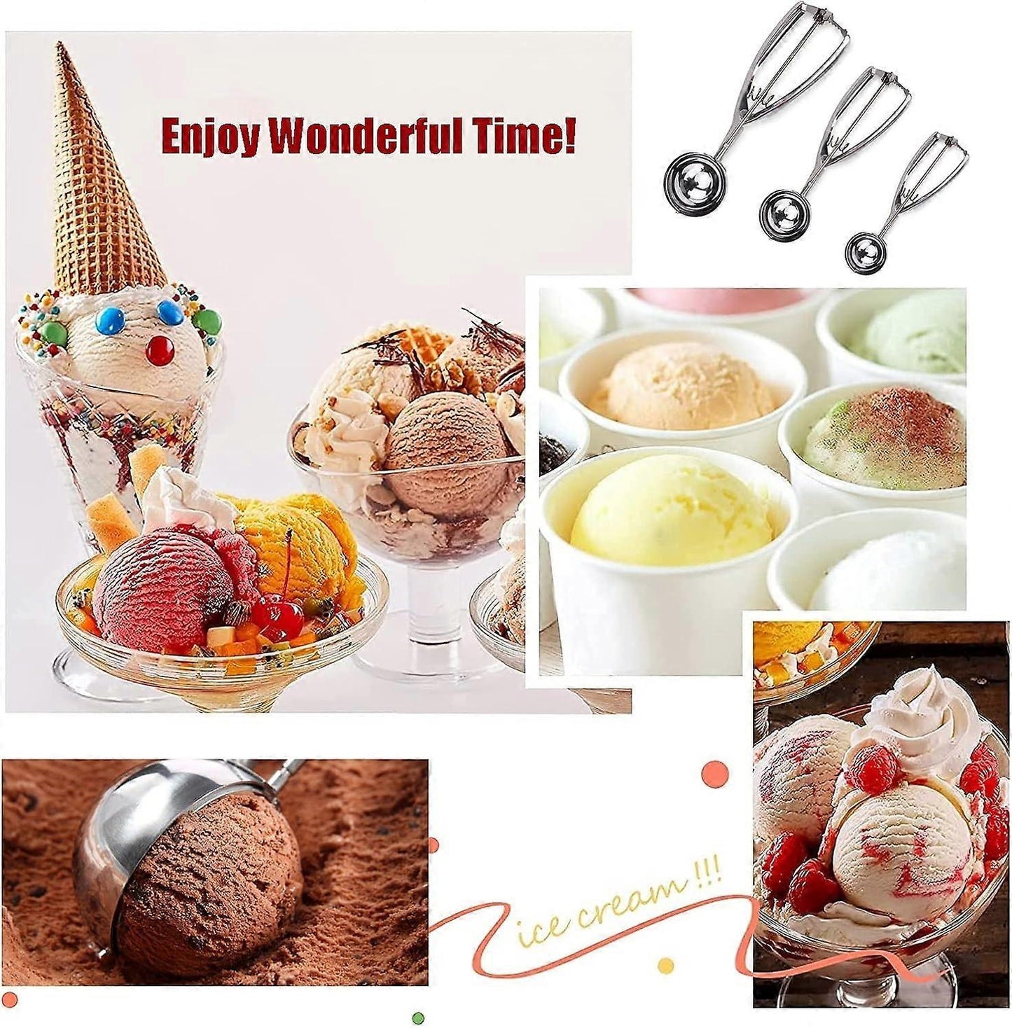 3 Pack Stainless Steel Ice Cream Scoops with Trigger Release
