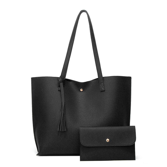 Large Women's PU Leather Handbag College Laptop Tote 2-Piece Set - Black