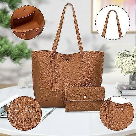 Large Women's PU Leather Handbag College Laptop Tote 2-Piece Set - Black