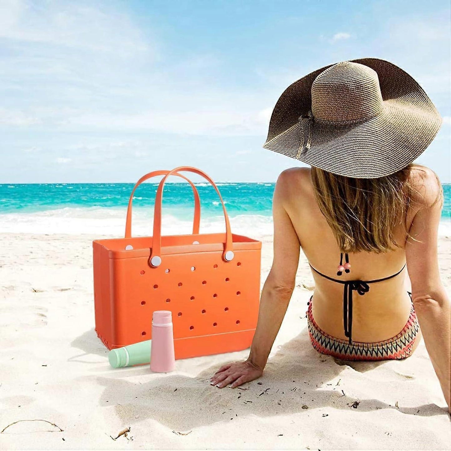 Rubber Tote Bag Sandproof Outdoor Washable Open Tote for Beach Pool Sports - Orange
